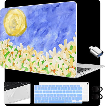 MEEgoodo for MacBook Air 13.3 inch Case 2021 2020 2019 2018 A2337 M1 A2179 A1932, Laptop Shell for MacBook Air M1 with Keyboard Webcam Cover & Trackpad Film & Type C Adapter,Summer Flowers
