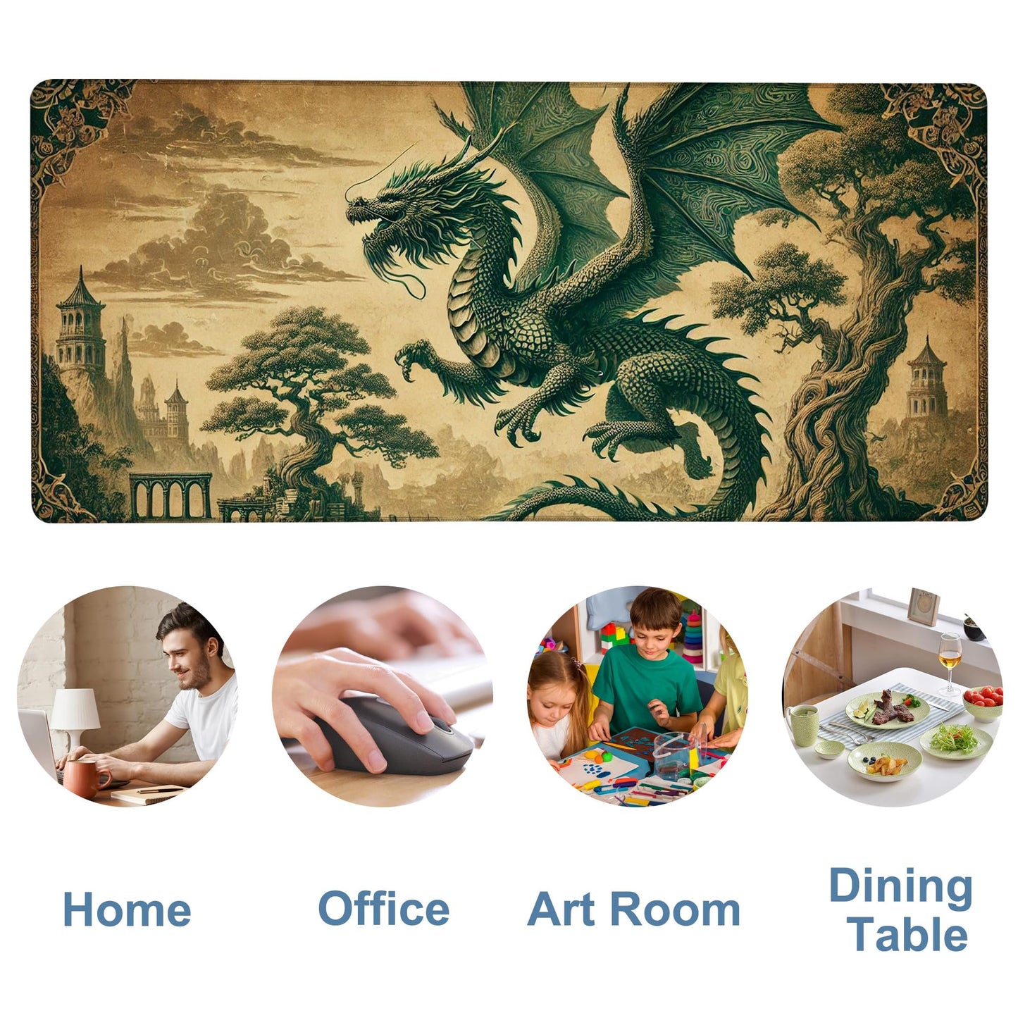 NITAHHHY Vintage-Style Dragon Gaming Mouse Pad 3mm Thick Stitched Edge Waterproof Non-Slip Large Computer Keyboard Mouse Mat,Suitable for Office Entertainment Decorative Desk Pad 35.4 x 15.7 Inches
