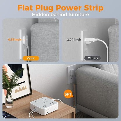 TESSAN Surge Protector Power Strip, 5 Ft Flat Plug Extension Cord with 3 USB (2 USB C) 8 Outlets, 1250W, 900J Protection, 3 Sided Outlet Extender with Power Switch for Office, Dorm Room, Grey