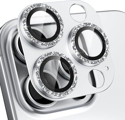 beuxece Compatible for iPhone 16 Pro/iPhone 16 Pro Max Camera Lens Protector, Bling Metal Tempered Glass Camera Screen Cover Accessories [Strong Adsorption][Case-Friendly]- Glitter Titanium Silver