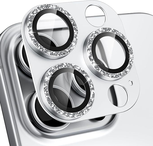 beuxece Compatible for iPhone 16 Pro/iPhone 16 Pro Max Camera Lens Protector, Bling Metal Tempered Glass Camera Screen Cover Accessories [Strong Adsorption][Case-Friendly]- Glitter Titanium Silver