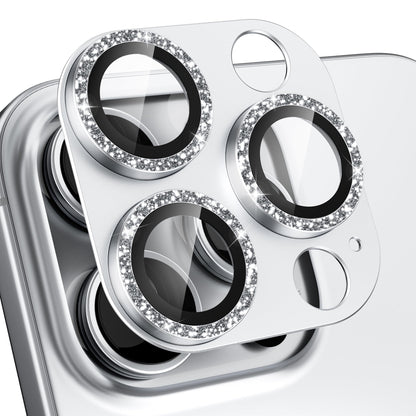 beuxece Compatible for iPhone 16 Pro/iPhone 16 Pro Max Camera Lens Protector, Bling Metal Tempered Glass Camera Screen Cover Accessories [Strong Adsorption][Case-Friendly]- Glitter Titanium Silver