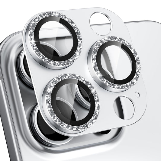 beuxece Compatible for iPhone 16 Pro/iPhone 16 Pro Max Camera Lens Protector, Bling Metal Tempered Glass Camera Screen Cover Accessories [Strong Adsorption][Case-Friendly]- Glitter Titanium Silver