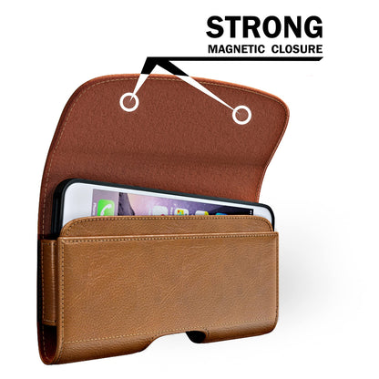 PiTau Holster for iPhone SE 8 7 6 6s, Cell Phone Belt Holder with Clip for Men, Fits Smartphone with Case On, Cellphone Cover with ID Card Pouch, Brown- Small