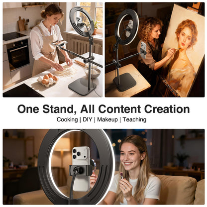 Overhead Phone Mount, Overhead Camera Mount Stand [Anti-Shaking] with 10.5" Ring Light, Desk Stand for iPhone with Ring Light for Video Recording, Zoom Meeting, YouTube, TikTok