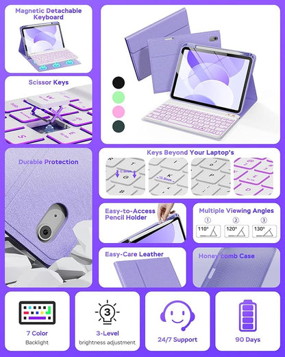 Folio Keyboard Case for iPad 10th Gen 10.9 inch (2022) and iPad 11th (A16, 2025), Magnetic Wireless Detachable Keyboard, 7-Color Backlight, Thin & Light, Pencil Holder (Purple)