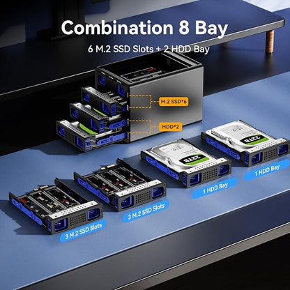 Hybrid 2*2.5/3.5" SATA HDD/SSD+6* M / B+M Key M.2 NVMe Enclosure with Cooling Fan and USB A/C 3.2 Gen 2, Hard Drive Enclosure Support 92TB(2*22TB HDD+6*8TB 2230/2242/2260/2280/22110 SSDs)