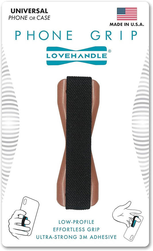 LOVEHANDLE Universal Phone Grip for Smartphones & Mini Tablets - Phone Holder for Hand - Wireless Charging Compatible - Made in the USA - Black Elastic Strap with Mauve Rose Base