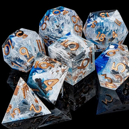 ARUOHHA Blue DND Resin Dice Set 7PCS Translucent Handmade RPG Polyhedral Sharp Edge Dice Set with Gift Box, Glitter Inclusions D and D Dice D20 D12 D10 D8 D6 D4