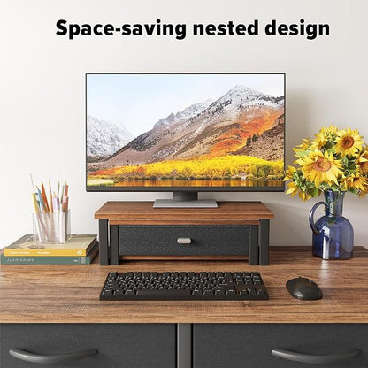 WOHOMO Dual Monitor Stand Riser with Drawers, Desk Organizers for 2 Monitors, Desktop Storage Stand for Computer,Laptop,Walnut