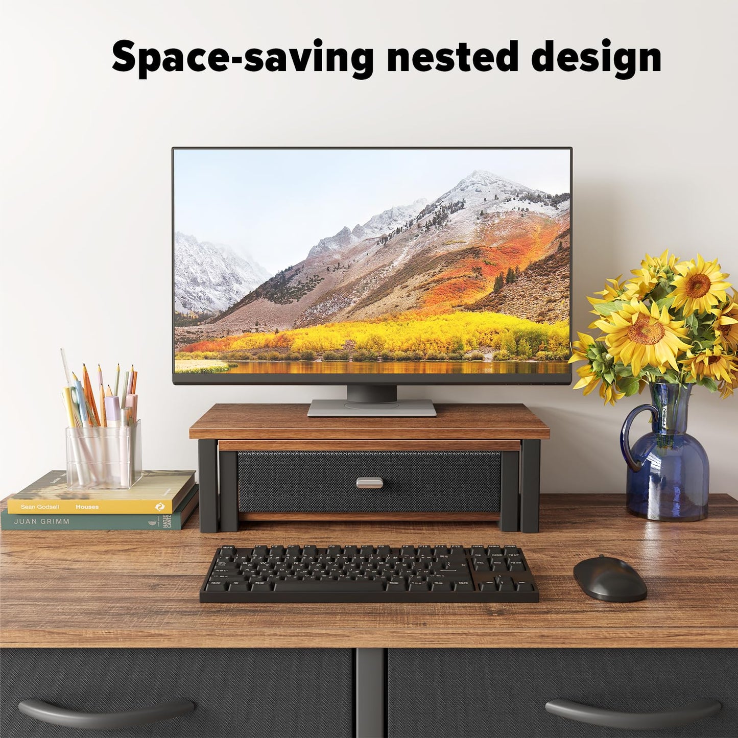 WOHOMO Dual Monitor Stand Riser with Drawers, Desk Organizers for 2 Monitors, Desktop Storage Stand for Computer,Laptop,Walnut