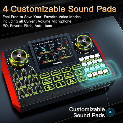 Audio mixer, suitable for live streaming, singing, and gaming on computers/phones; podcast mixer with real-time sound card, noise reduction function, and one-click mute function