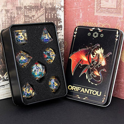 Butterfly DND Dice Blue Liquid Core Dice Set with Metal Box, Handmade Sharp Edge D and D Polyhedral Dice for use with D&D Role Playing Game, D20 D12 D10 D8 D6