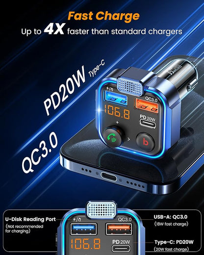 LENCENT FM Transmitter in-Car Adapter, Type-C PD 20W+ QC3.0 Fast USB Charger, Wireless Bluetooth 5.3 Radio Car Kit, Hands-Free Calling, MP3 Player Receiver Hi Fi Bass, Support U Disk