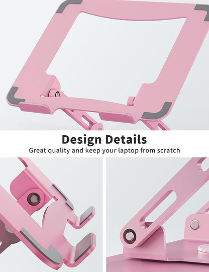 SOUNDANCE Laptop Stand with 360° Rotating Base, Ergonomic Computer Riser for Desk, Adjutable Height Muti-Angle, Foldable Laptop Mount, Stable Metal Holder Support 10-15.6" Notebook PC, Pink