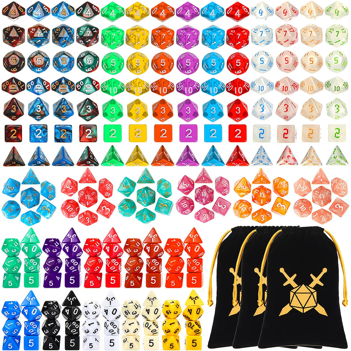 Yilloog 350 Pcs Dice Sets Bulk with Drawstring Bag Polyhedral Dice Sets Multi Role Playing Table Game D4 D6 D8 D10 D% D12 D20 (Mixed Style)