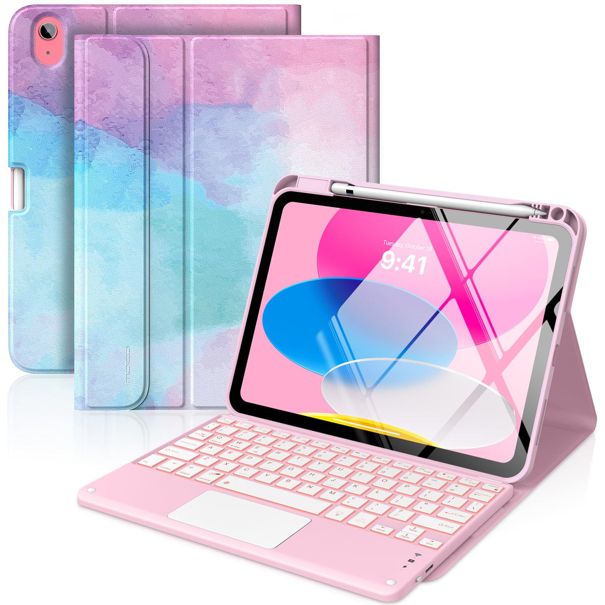 MoKo Touch Keyboard Case for iPad (A16) 11th/10th Gen,Nosegay Pink