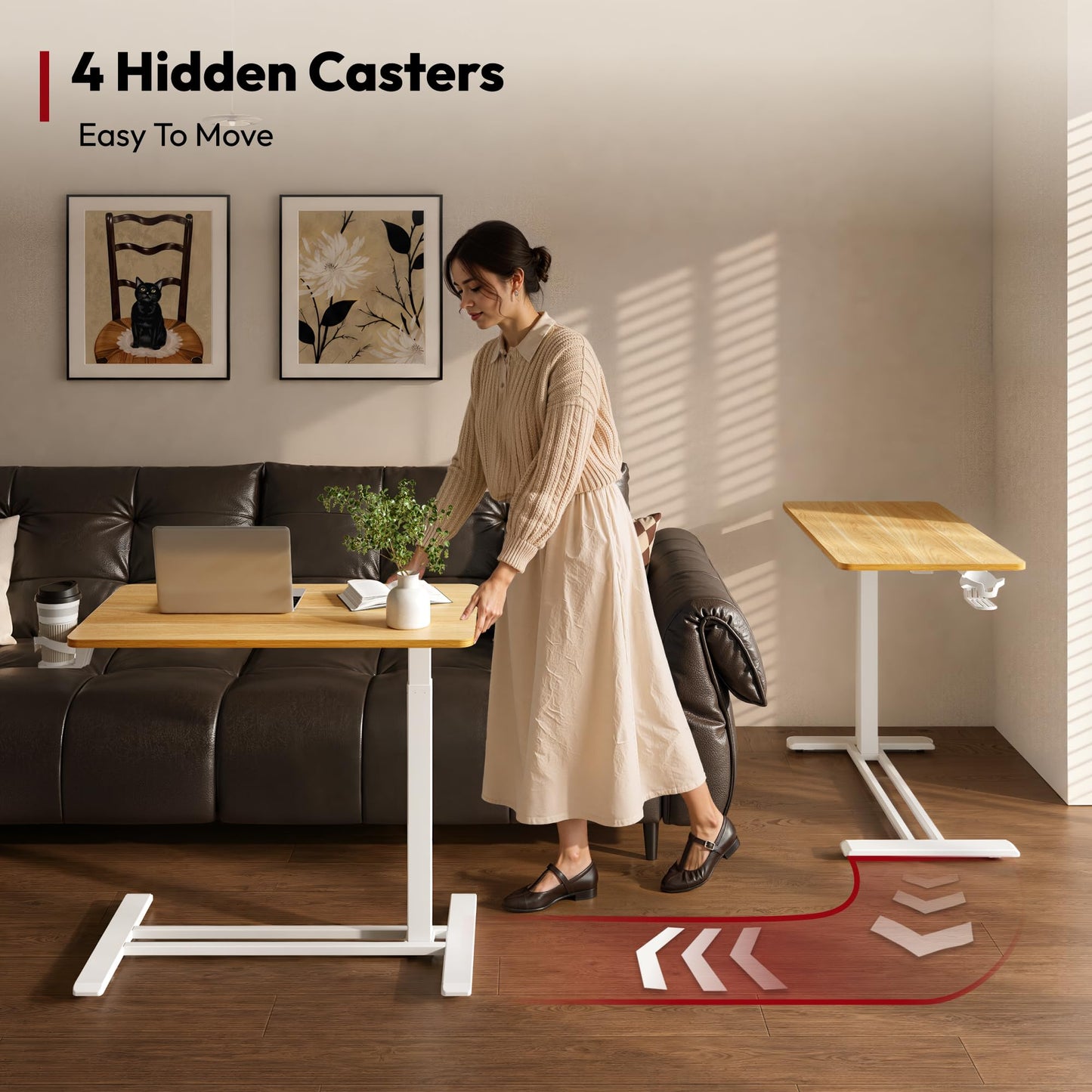 SANODESK 32''Pneumatic Adjustable Overbed Bedside Table with Hidden Casters