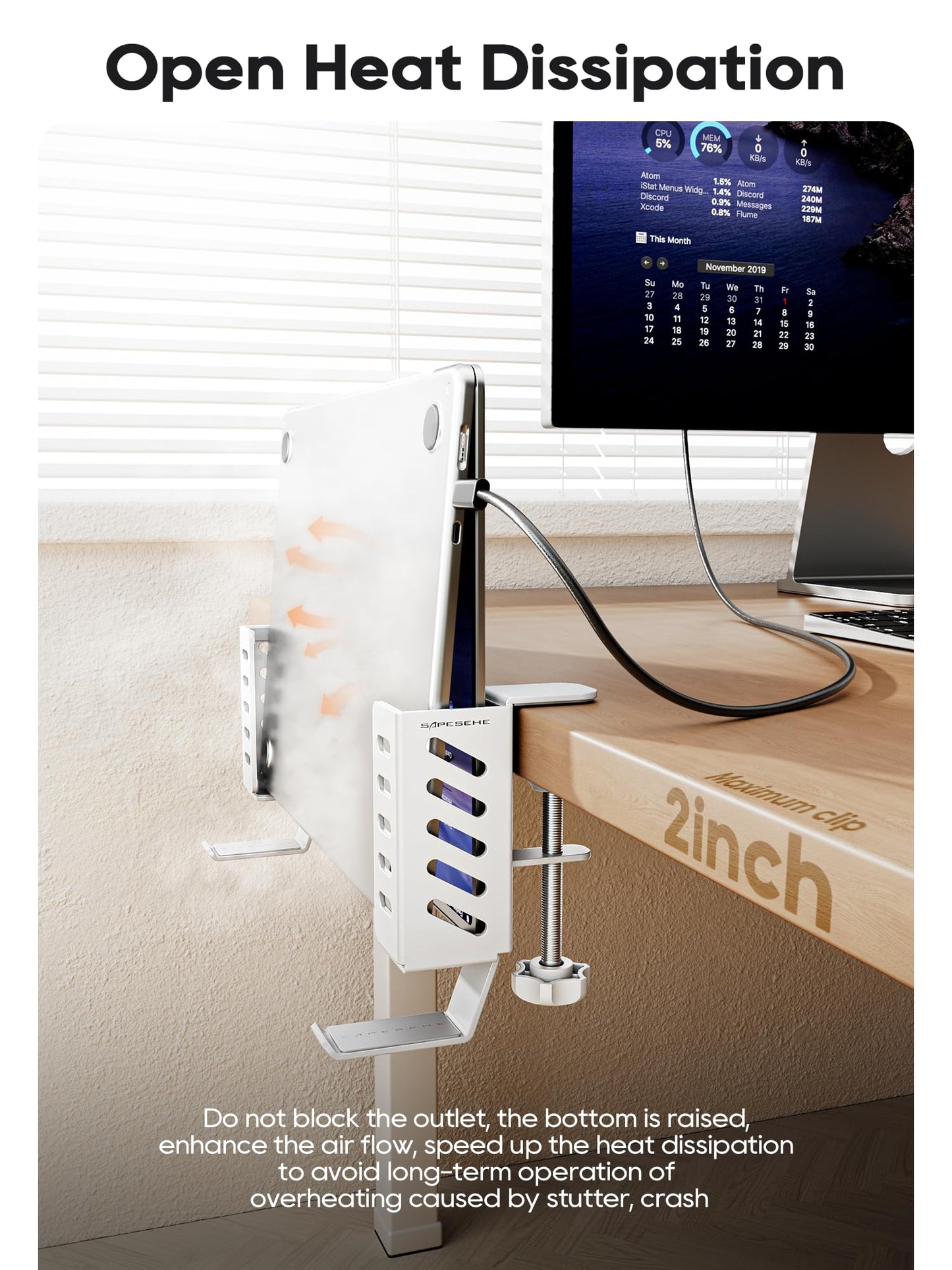 Desk Side Laptop Holder, Desk Side Storage, No Drill Side Desk Organizer, Side Desk Laptop Mount, Tablets Hanging Holder, Clamp on Desk Organizer for Laptops/Tablets/Keyboards/Headphone, White
