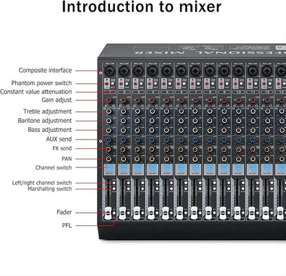 W IN-MIX DX16 Professional DJ Audio Mixer 16 Channel with 99 DSP Effects,7-band EQ,Independent 48V Phantom Power&Mute Button,Bluetooth Function,USB Interface Recording For Studio & Stage