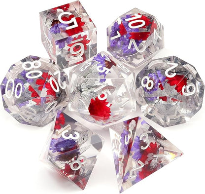 Haxtec Flower DND Dice Set Sharp Edge Dice with Dice Case Handmade Red Purple Floral Resin D&D Dice Set for TTRPGs Compatible with Dungeons and Dragons Gifts