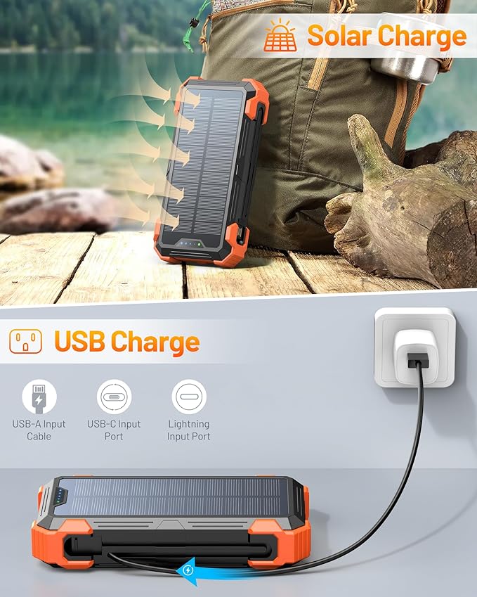 GOODaaa Solar Power Bank, 42800mAh Portable Charger 20W Fast Charging External Battery Pack Built in 4 Cables, Wireless Charging Power Bank for Apple Watches with Flashlight, Carabiner,Thermometer