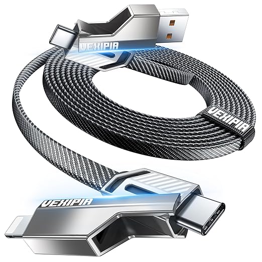 [Upgraded] Vexipia 4-in-1 Long USB C Cable 45W 10FT Lightning Cable Fast Charging Flat Nylon Braided for iPhone iPad Charger Cord[480Mbps Data Sync] Multi Charge Combo with Lightning/Type C/USB A Port