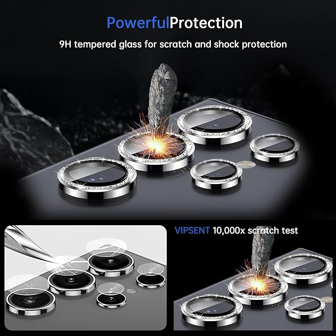 For Samsung Galaxy S23 Ultra Camera Lens Protector, Individual Lens Protector, Ultra HD 9H Tempered Glass Screen Protective Cover, Anti-scratch, Military Grade Drop Protection 2 Set. (Glitter Silver, S23 Ultra)
