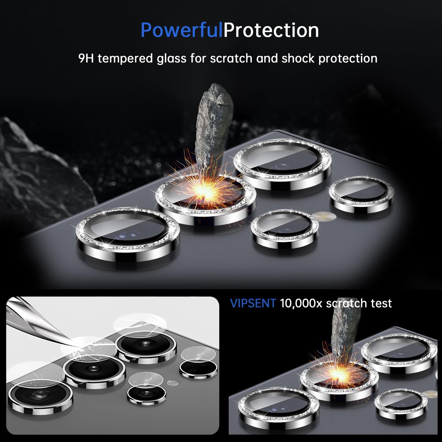 VIPSENT For Samsung Galaxy S24 Ultra Camera Lens Protector, Individual Lens Protector, Ultra HD 9H Tempered Glass Screen Protective Cover, Anti-scratch, Military Grade Drop Protection 2 Set. (Glitter Silver, S24 Ultra)