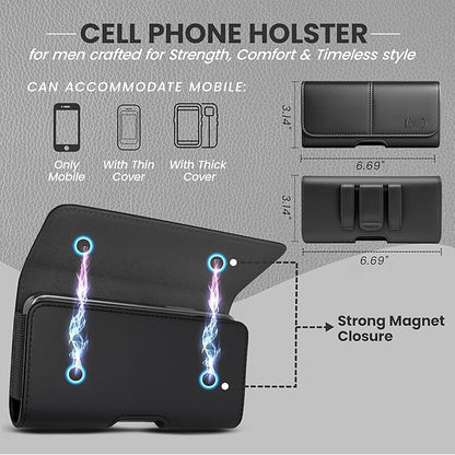 Leather Phone Holster for Men & Women, Horizontal Cell Phone Case - Fits iPhone Air 2025, 16/15/14 Plus/11 Pro Max, XS Max, Belt Clip/Loop Carrying Phone Pouch Holder, Black Large.