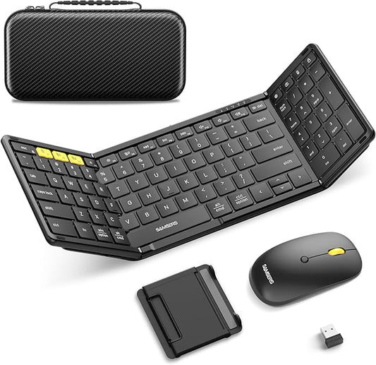 Foldable Keyboard and Mouse, Samsers Folding Bluetooth Keyboard Combo, 2.4G + BT5.0 x 2, Full-Size Portable Travel Keyboard & Rechargeable Wireless Mouse for Windows Android iOS Mac OS, Elegant Black