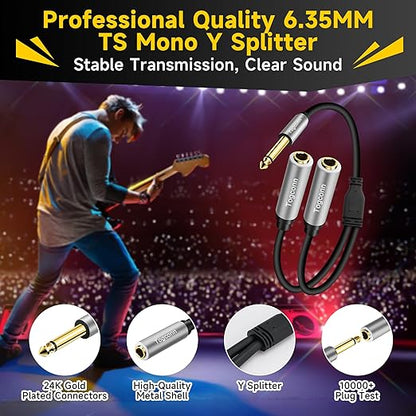 1/4 inch TS Mono Splitter Y Adapter, 6.35mm Mono Male to Dual 6.35 mm TS Mono Female Jack, Quarter inch Audio Speaker Splitter Converter Cable 1 Feet, Gold Plated Connectors