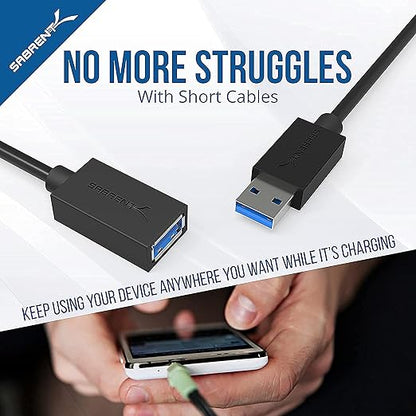 SABRENT 22AWG USB 3.0 Extension Cable - A-Male to A-Female [Black] 10 Feet (CB-3010)