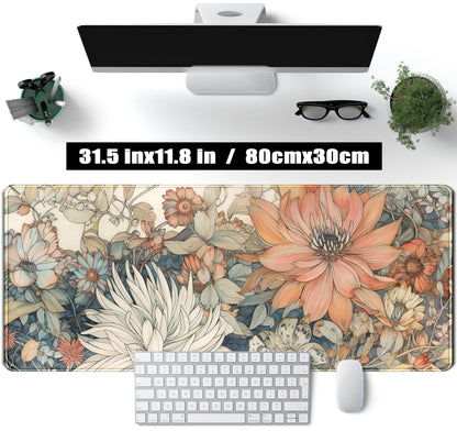 Japanese Minimalist Floral Desk Mat Aesthetic Flowers XL Large Extended Gaming Mouse Pad with Stitched Edges, Big Laptop Computer Keyboard and Mouse Mat for Girl Women Office Decor 31.5x11.8 in