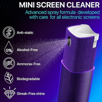 Mini Screen Cleaner Spray – Finger Proof Screen Cleaner for Smartphones, iPads, MacBooks, Laptops, Car Screens, Touchscreens – 3in1 Mist Cleaner, Microfiber Cloth and Protective Cover (Pink)