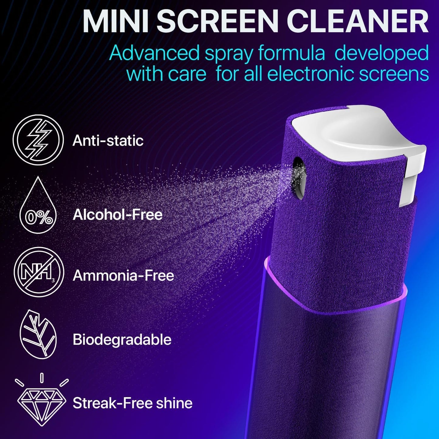 IO CLEAN Mini Screen Cleaner Spray – Finger Proof Screen Cleaner for Smartphones, iPads, MacBooks, Laptops, Car Screens, Touchscreens – 3in1 Mist Cleaner, Microfiber Cloth and Cover (Navy Blue)