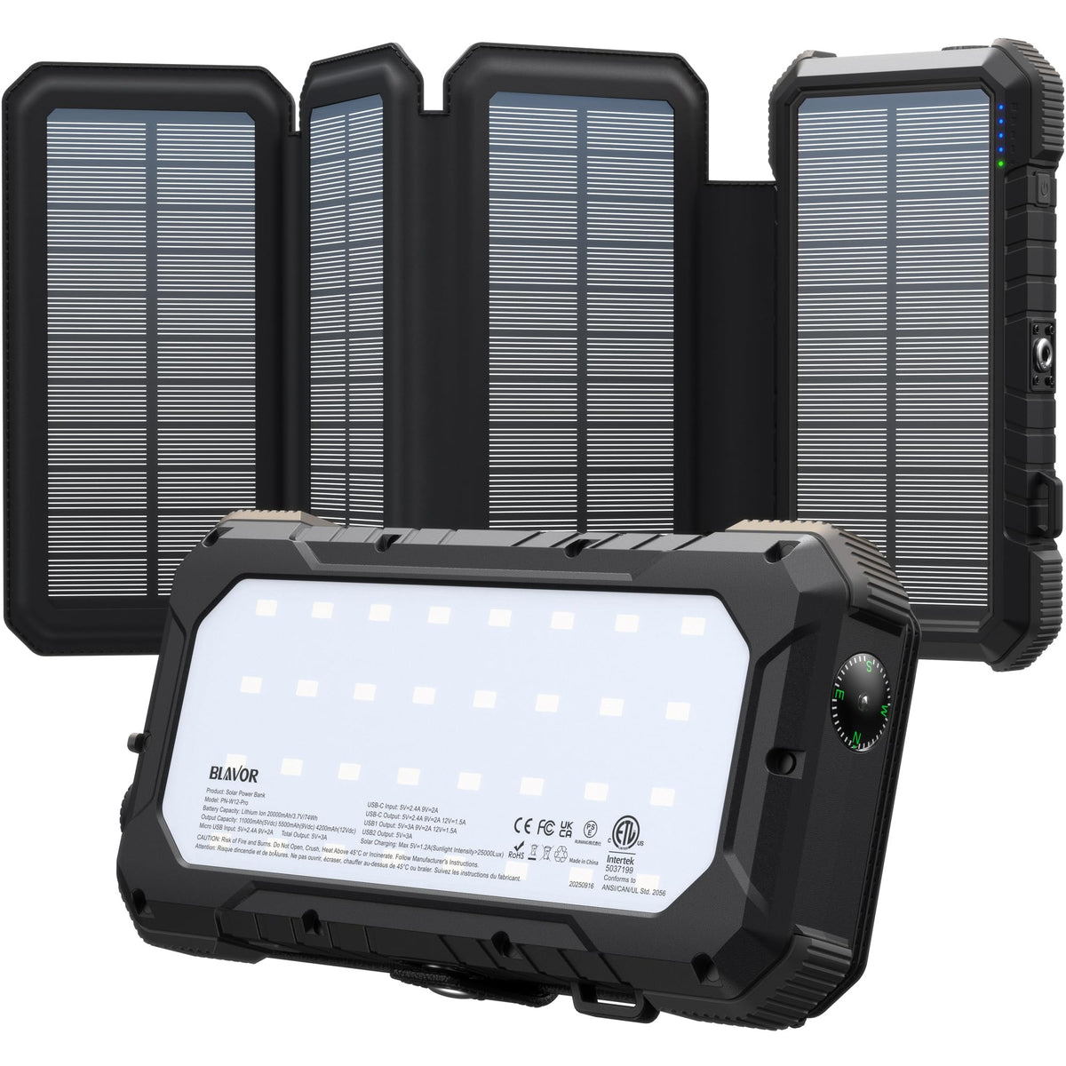 BLAVOR Solar Power Bank with 4 Foldable Panels, 20000mAh Portable Charger