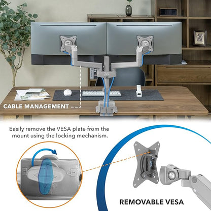 Mount-It! Dual Monitor Mount - Monitor Stands for 2 Monitors, Computer Arms on Desk Stand, Gas Spring Height Adjustable Desk Mount in Silver, VESA 75, 100 Fits Screens Up to 32", Silver Color