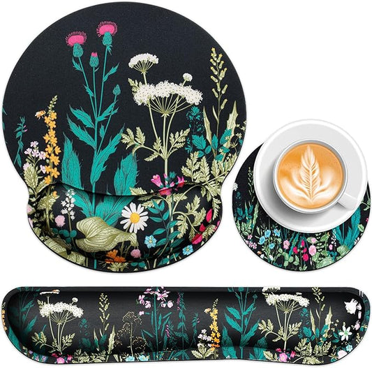 Mouse Pad with Wrist Rest Set, Qomolama 3-in-1 Wrist Support Mouse Pad Set, Floral Gaming Mousepad with Anti-Skid Base,Ergonomic Mouse Pad,Memory Foam Keyboard Gel Wrist Rest
