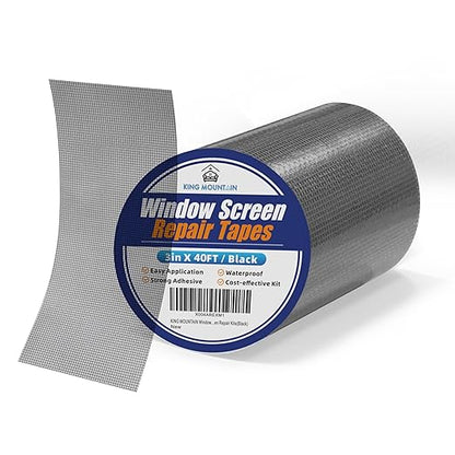 KING MOUNTAIN Black Window Screen Repair Tape,3inX40FT Heavy Duty Screen Repair Kit for Window Screen and Screen Door Tears Holes,Strong Adhesive & Waterproof Window Screen Patch