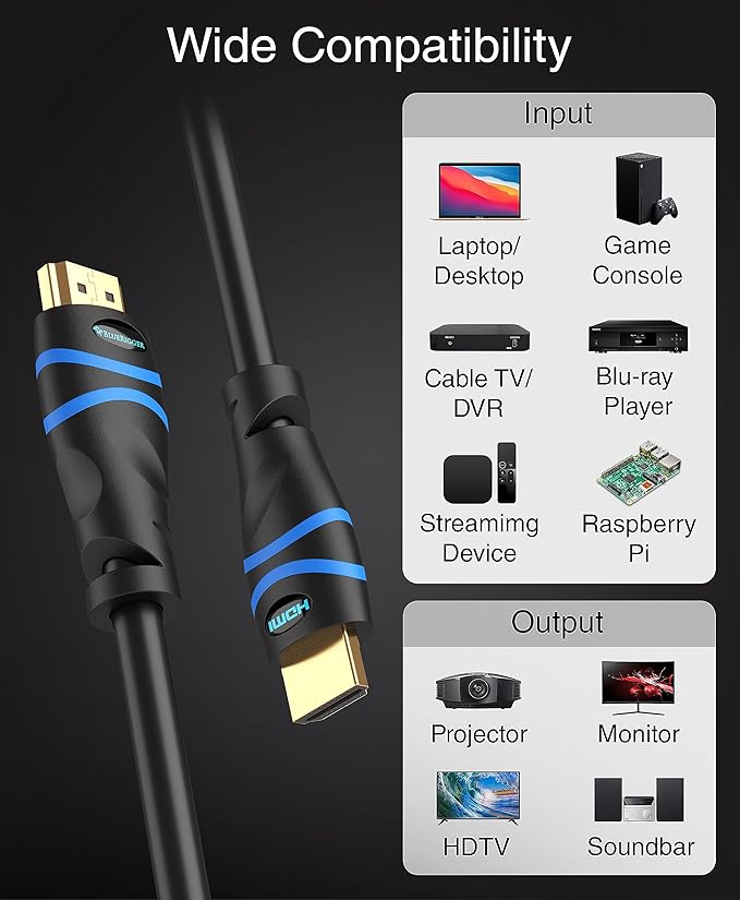 BlueRigger 8K HDMI Cable (3FT, 8K 60Hz HDR, 4K 120Hz, High Speed 48Gbps with Ethernet, eARC, 3D, HDCP 2.3) - Compatible with PS5, Xbox, Roku, Apple TV, Switch, PC