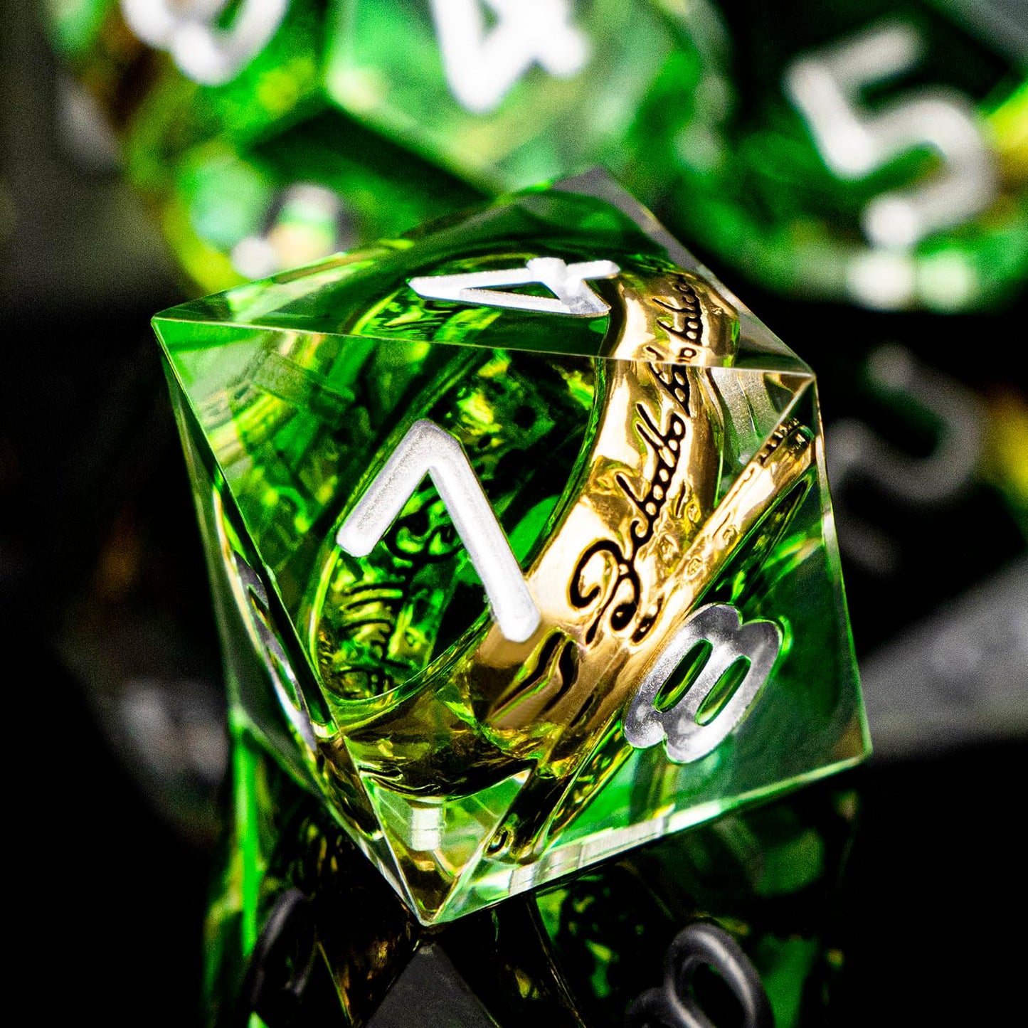 ORIFANTOU Magic Golden Ring DND Dice Set with Case, Green Resin Sharp Edge D and D Dice for use with D&D Tabletop Games Lord Handmade Polyhedral Dice Set D20 D12 D10 D8 D6 D4