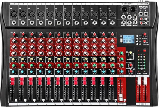 12 Channel Audio Mixer, Professional Music Mixer Board DJ Mixing Console with Bluetooth, USB/MP3 Player, Reverb, and 48V Phantom Power for Studio Recording, Karaoke, and Live Performances