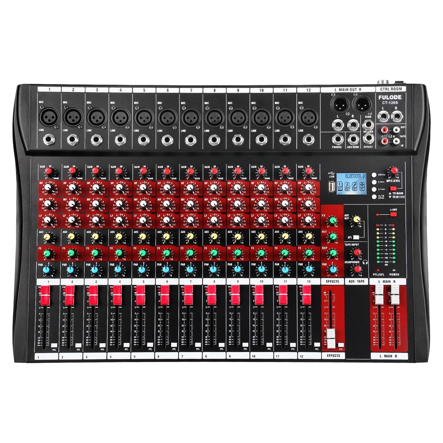 FULODE 12 Channel Audio Mixer, Professional Music Mixer Board DJ Mixing Console with Bluetooth, USB/MP3 Player, Reverb, and 48V Phantom Power for Studio Recording, Karaoke, and Live Performances
