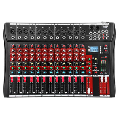 FULODE 12 Channel Audio Mixer, Professional Music Mixer Board DJ Mixing Console with Bluetooth, USB/MP3 Player, Reverb, and 48V Phantom Power for Studio Recording, Karaoke, and Live Performances