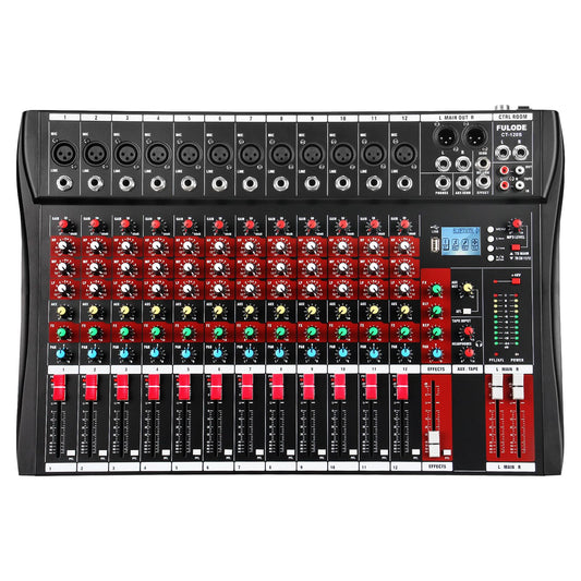 FULODE 12 Channel Audio Mixer, Professional Music Mixer Board DJ Mixing Console with Bluetooth, USB/MP3 Player, Reverb, and 48V Phantom Power for Studio Recording, Karaoke, and Live Performances
