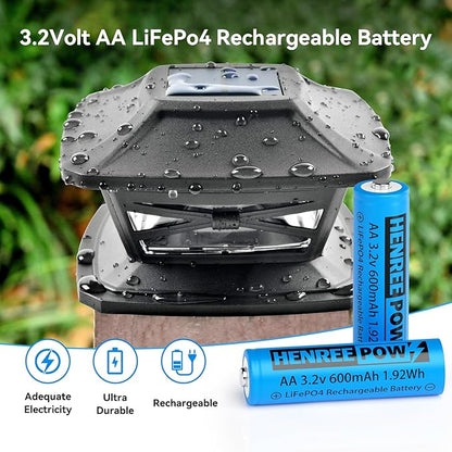 Henreepow AA 3.2v Solar Rechargeable Batteries, LiFePo4 Double A 600mAh 3.2v 1.92wh Solar Battery, 3.2v Rechargeable Batteries for Solar Lights, Wall Lantern, Solar Post Lights（AA-3.2v-6pack）