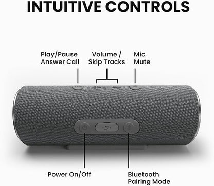 Cleer Scene Wireless Bluetooth Speaker, Stereo Wireless Pairing, Waterproof IPX7, 12Hrs Play time, Deep Bass, Built-in Mic, Powerful Portable Speakers, for Outdoor & Party, Home, Grey