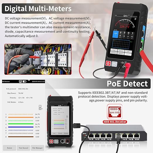Multifunction RJ45 Network Caber Tester, UTP Cable Tester Ethernet Cable Tracer, 4" IPS Touch Screen Support Network Tools, Digital Multi-Meter, VFL,OPM, POE++ Detect,RJ45 TDR, Cable Length,NCV