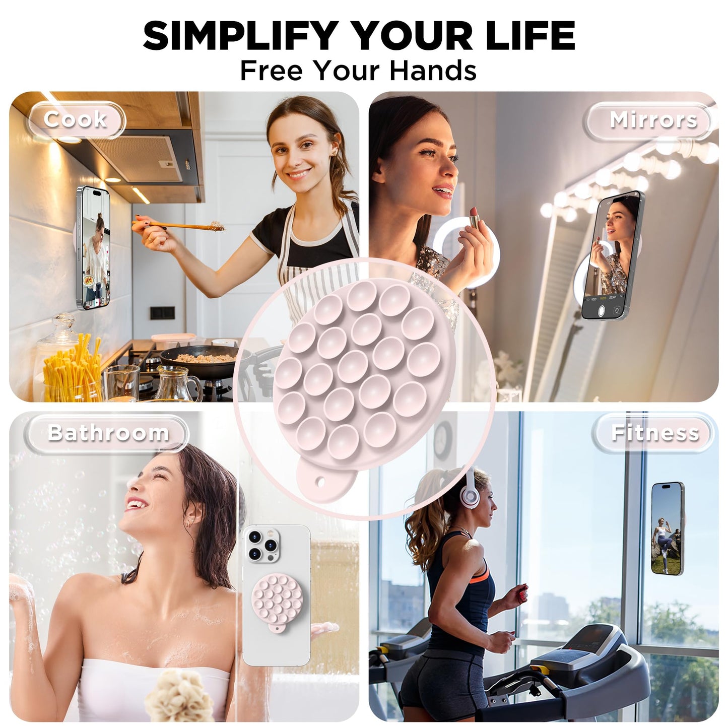 HSAOHD Magnetic Suction Cup Phone Mount, Compatible with MagSafe, Silicone Octo Cup Buddy Sticky Grip Holder for iPhone and Android, Removable Hands-Free Selfie/Video for TikTok, Lovely Pink